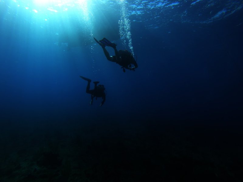 Two scuba divers silhouetted in blue water